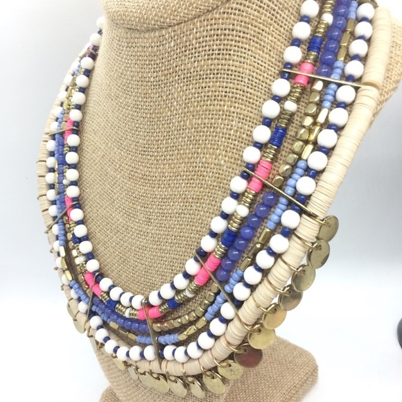3/$30 HOT PINK BLUE SEQUIN BEAD COIN BIB STATEMENT BOHO TRIBAL NECKLACE COLORFUL - Picture 5 of 16